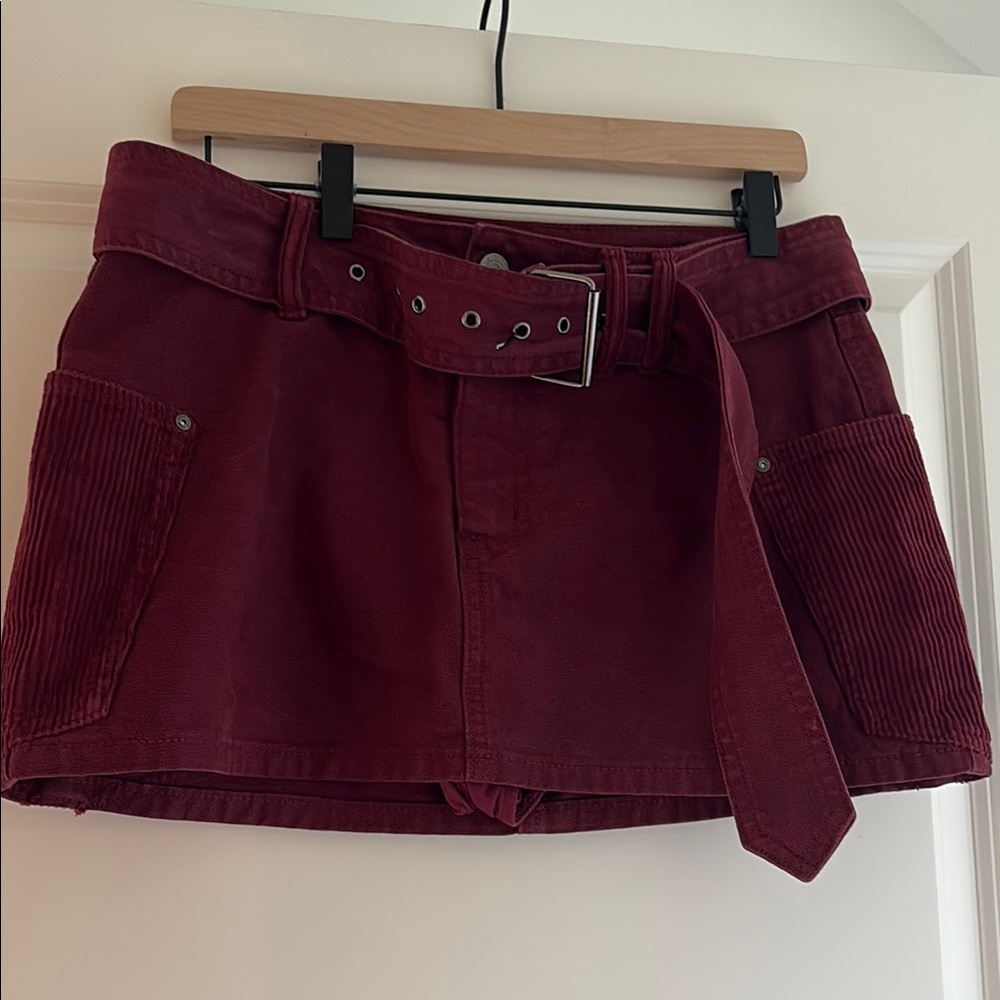 Burgundy Corduroy Mini Skirt with Belt